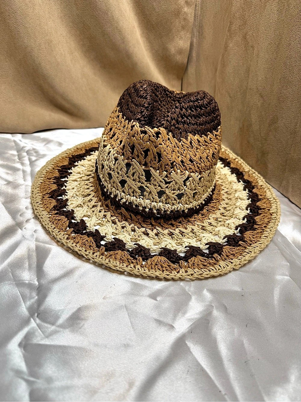 Vince Camuto Crochet Paper Straw Fedora Hat Brown Tan Ivory One Size NWT
